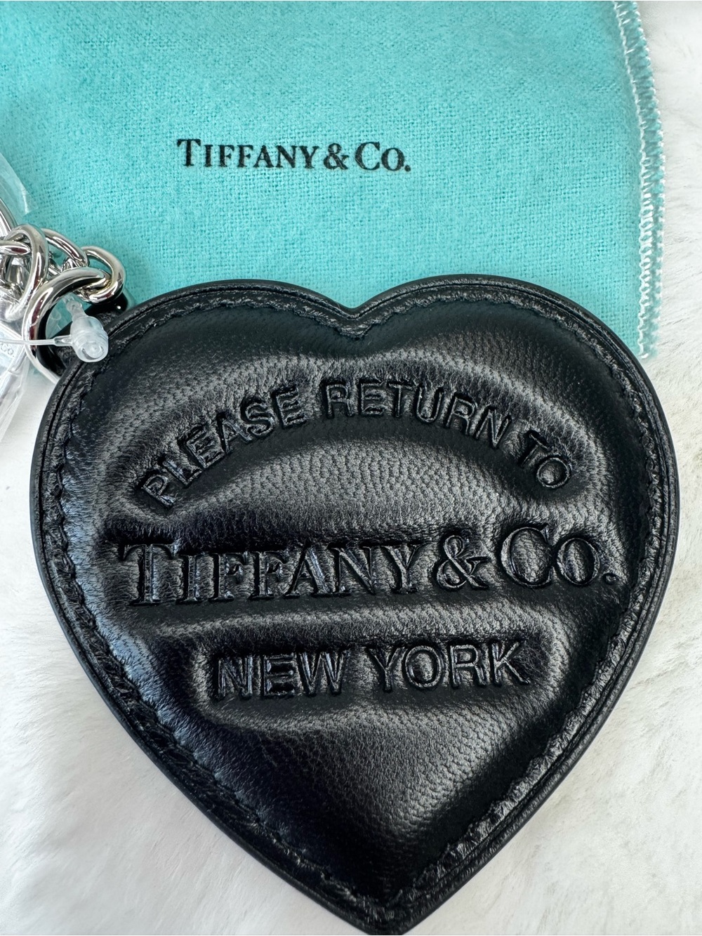 NWT- Tiffany & Co. New York Heart Keychain Padded Bag Charm in Black Leather